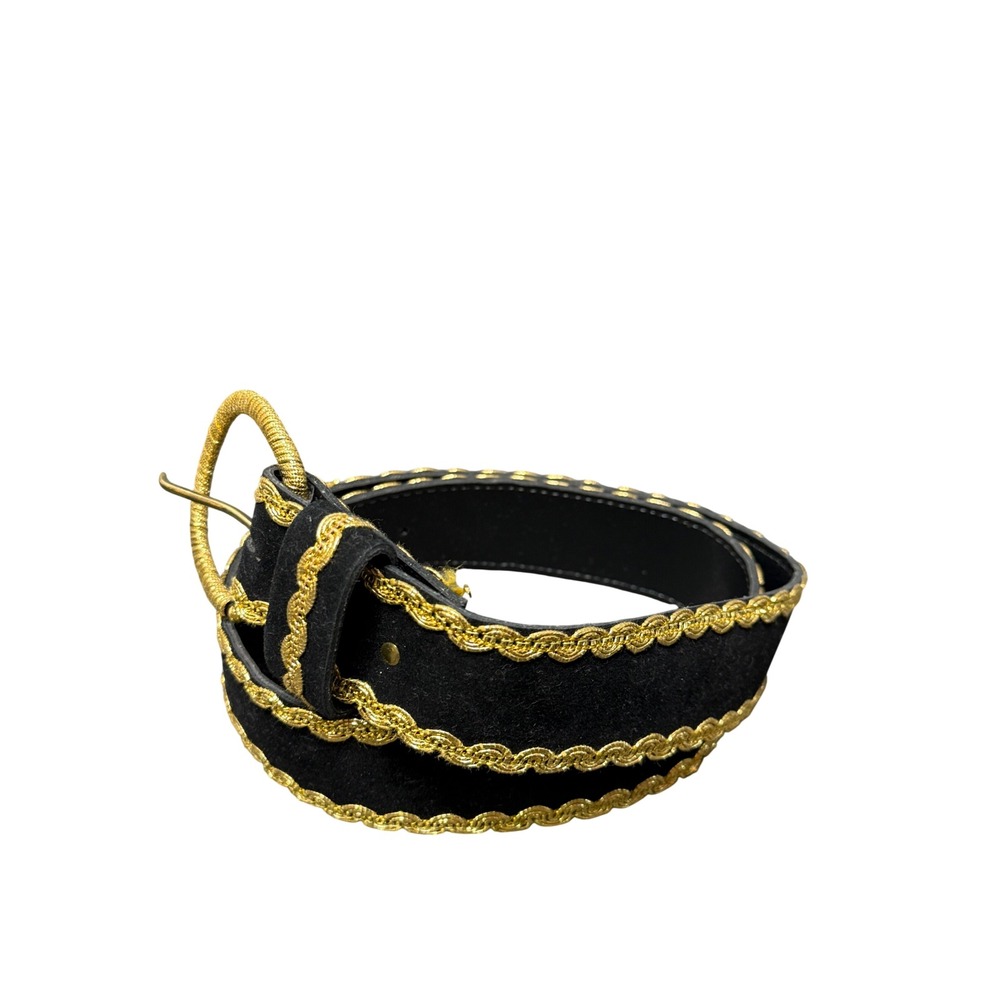 Vintage Black Suede Gold Braided Scalloped Trim Statement Belt Size 32 Ornate